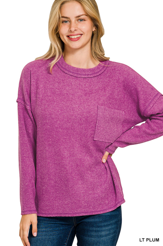 Womens Zenana Lt. Plum Ribbed Brushed Melange Hacci Sweater With Pocket