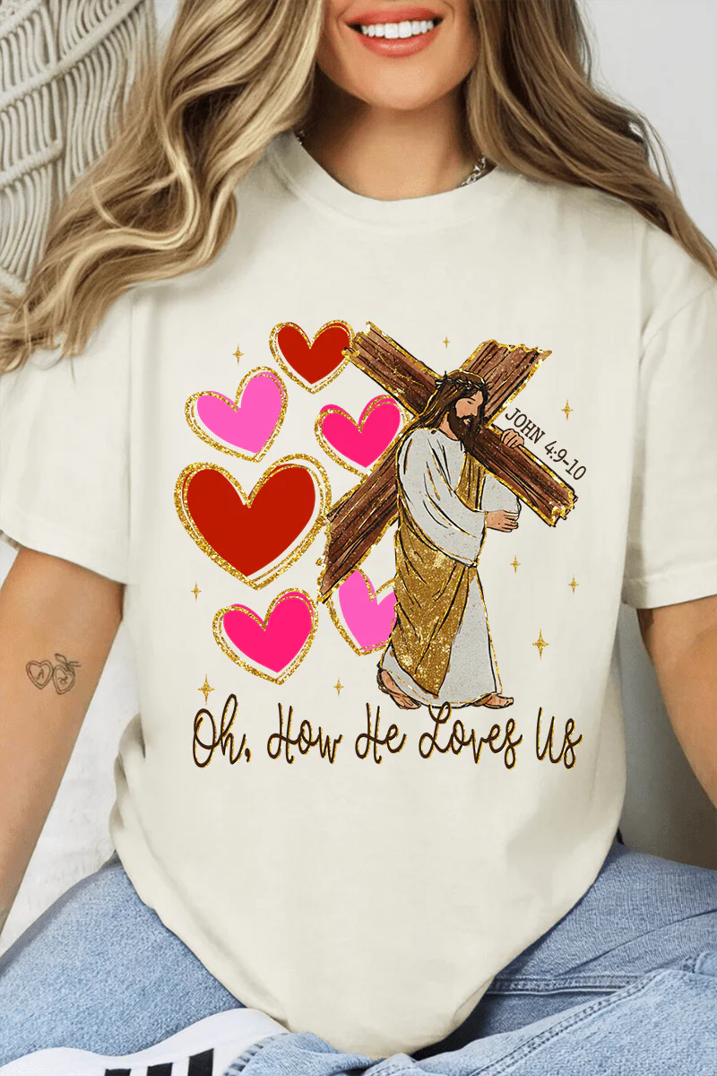 Womens He Loves Us Hearts Ivory Comfort Colors Adult Ring-Spun Cotton Tee