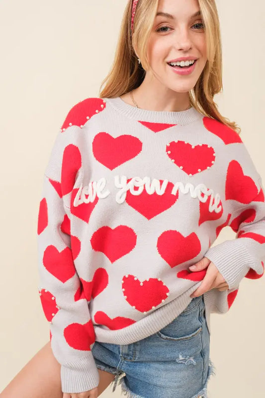 Main Strip Womens Heart Print Pearls Trim "Love You More" Letters Sweater