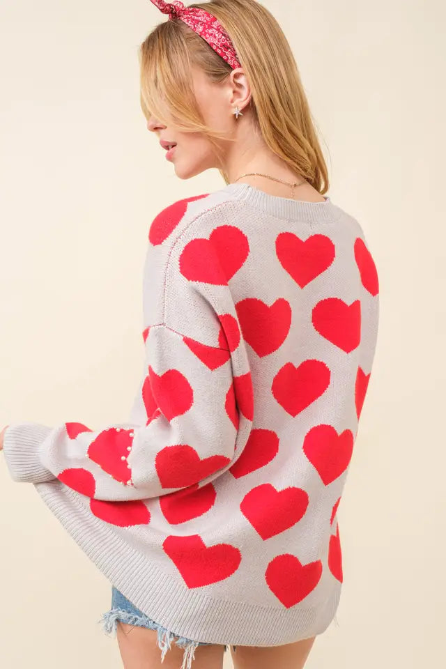 Main Strip Womens Heart Print Pearls Trim "Love You More" Letters Sweater