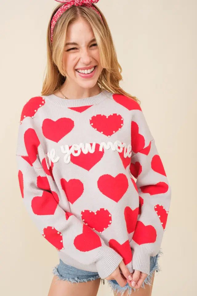 Main Strip Womens Heart Print Pearls Trim "Love You More" Letters Sweater
