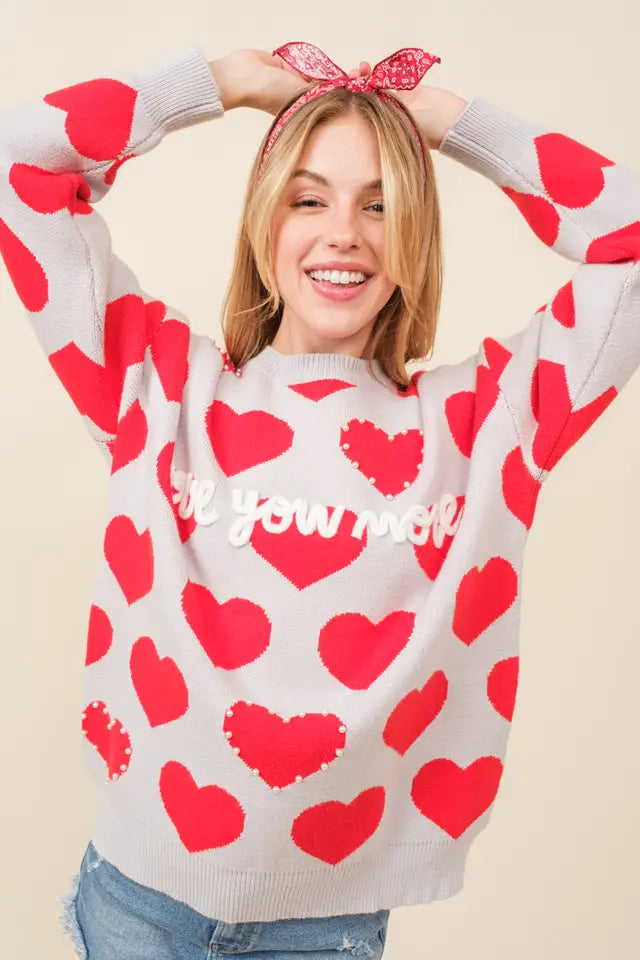 Main Strip Womens Heart Print Pearls Trim "Love You More" Letters Sweater