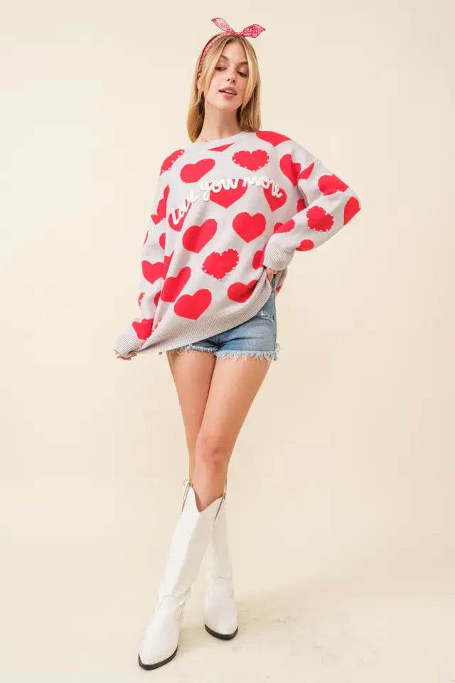 Main Strip Womens Heart Print Pearls Trim "Love You More" Letters Sweater
