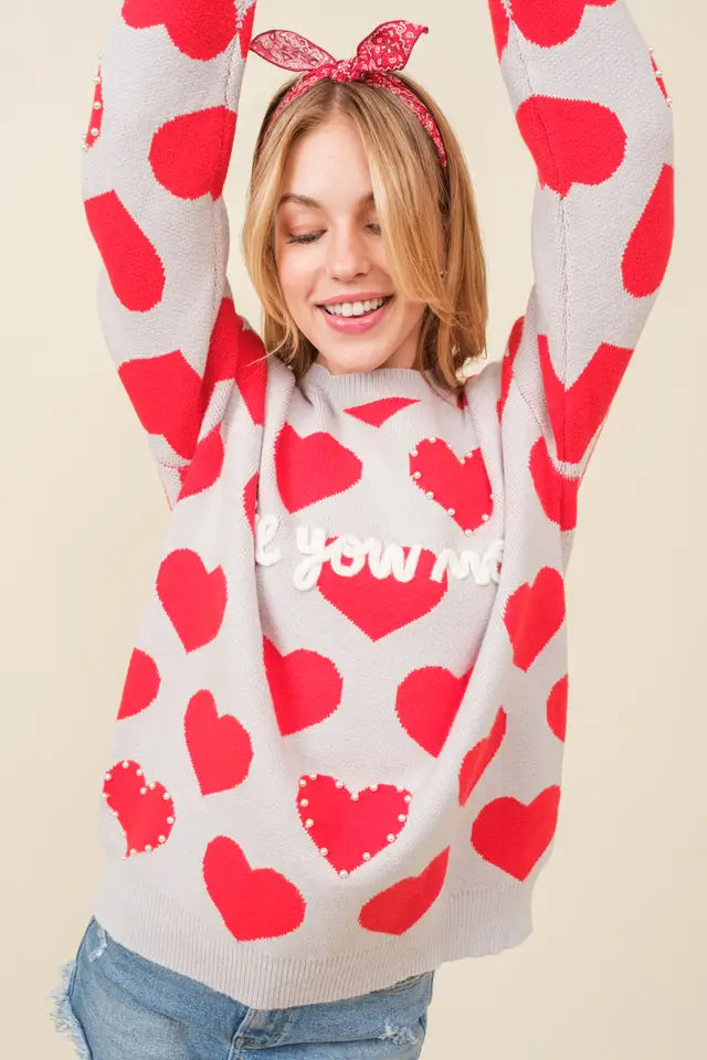 Main Strip Womens Heart Print Pearls Trim "Love You More" Letters Sweater
