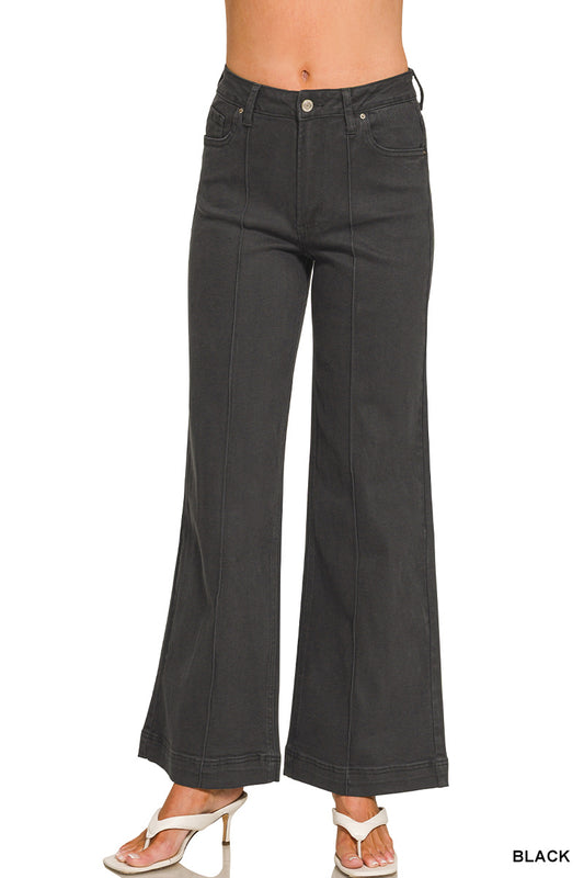Womens Zenana High Rise Wide Leg Pintuck Black Denim Pants