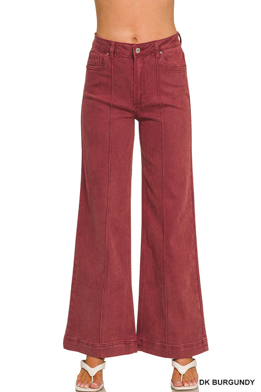Womens Zenana High Rise Wide Leg Pintuck Dark Burgundy Denim Pants