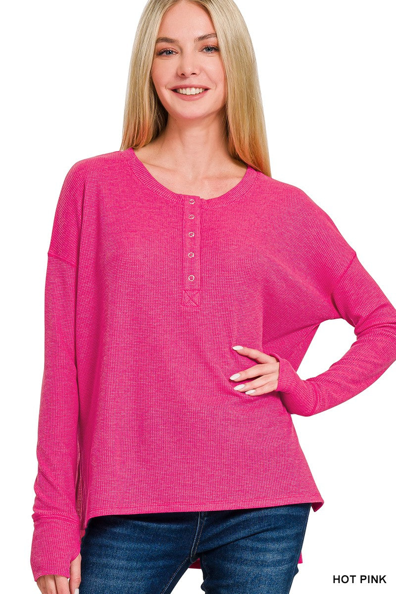 Womens Zenana Hot Pink Waffle Thumb Hole Cuffs Henley Tee