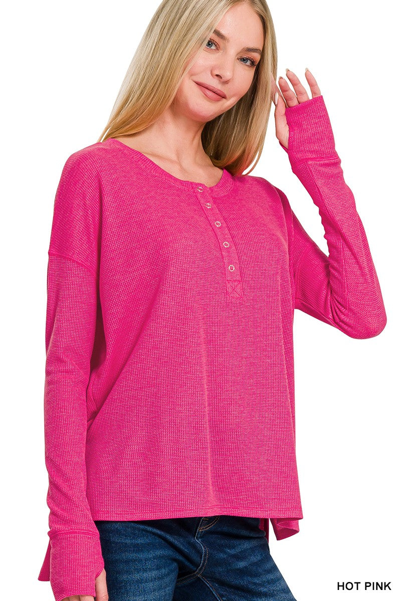 Womens Zenana Hot Pink Waffle Thumb Hole Cuffs Henley Tee