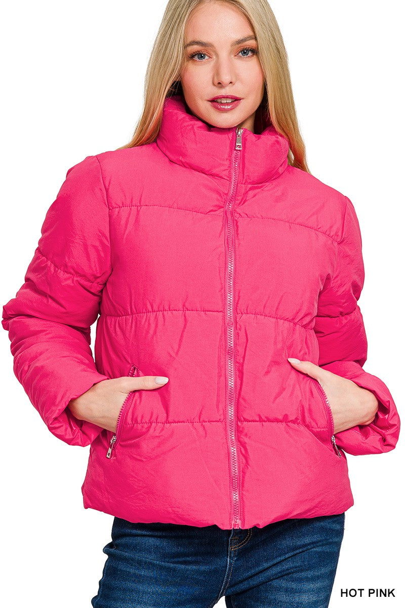 Womens Zenana Hot Pink Puffer Jacket