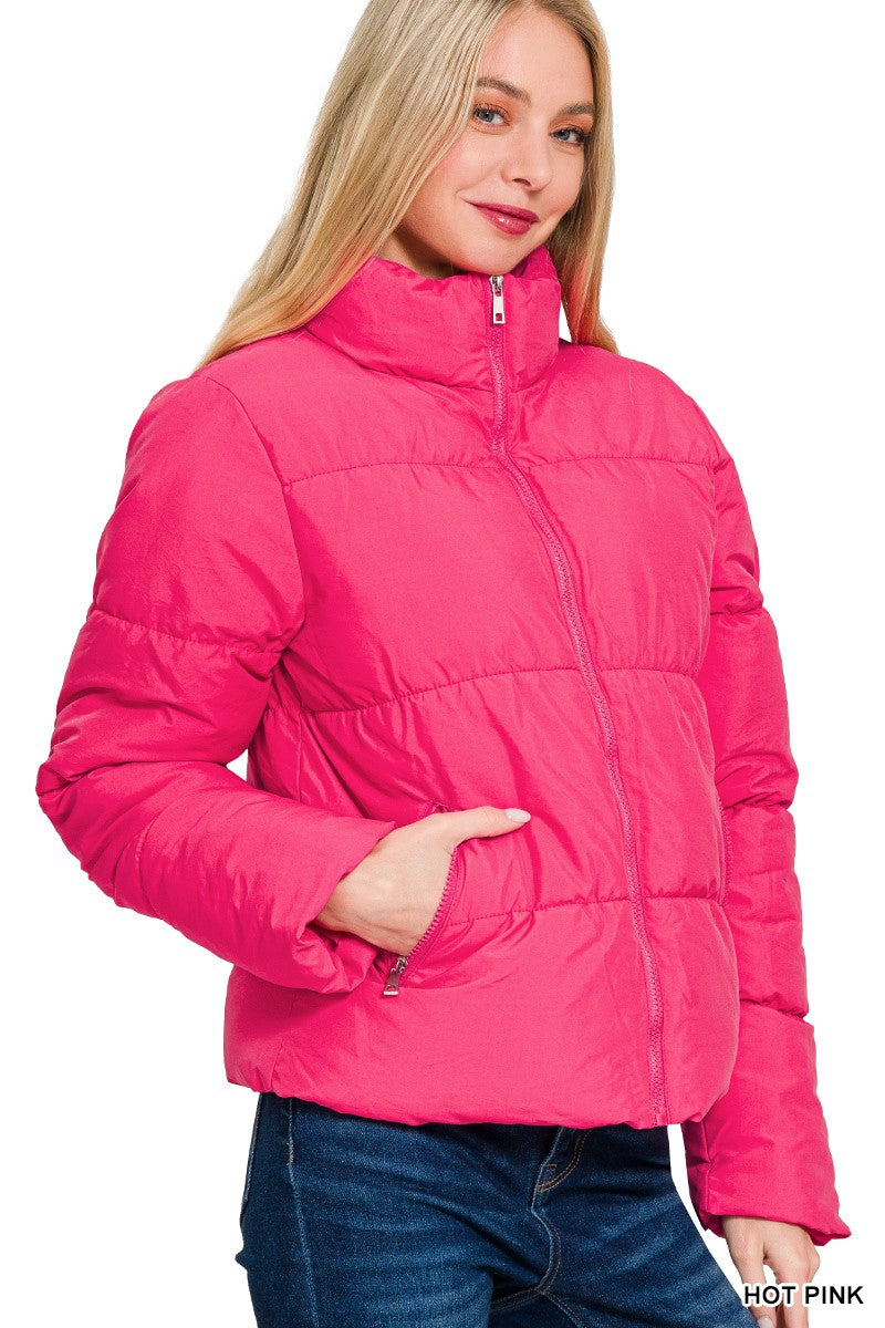 Womens Zenana Hot Pink Puffer Jacket