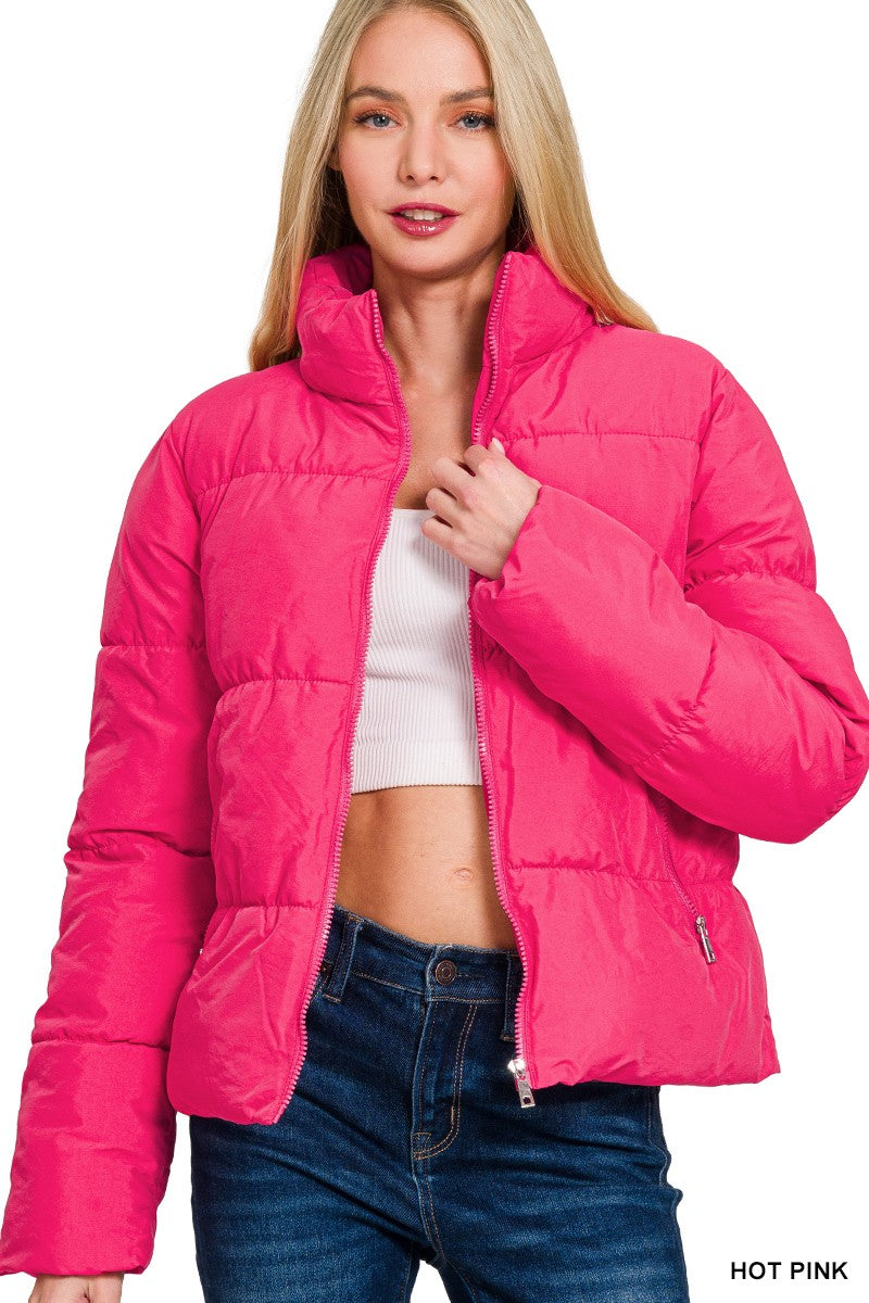 Womens Zenana Hot Pink Puffer Jacket