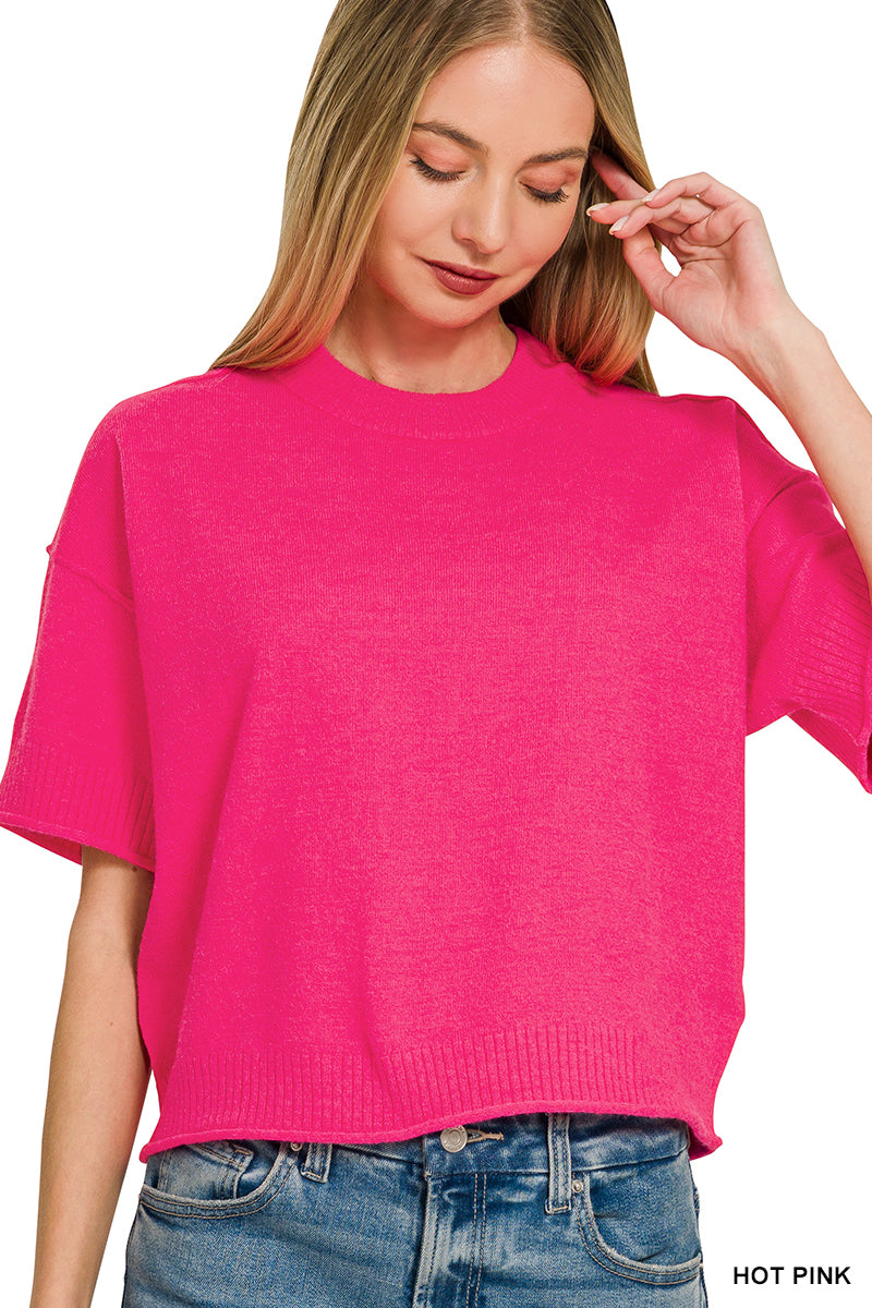 Womens Zenana Hot Pink Light Weight Exposed Seam Short Sleeve Crop Sweater