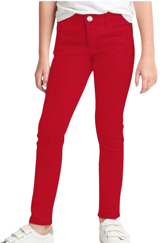 Girls Soft Twill Stretch Pants Regular Fit With Adjustable Waist Red
