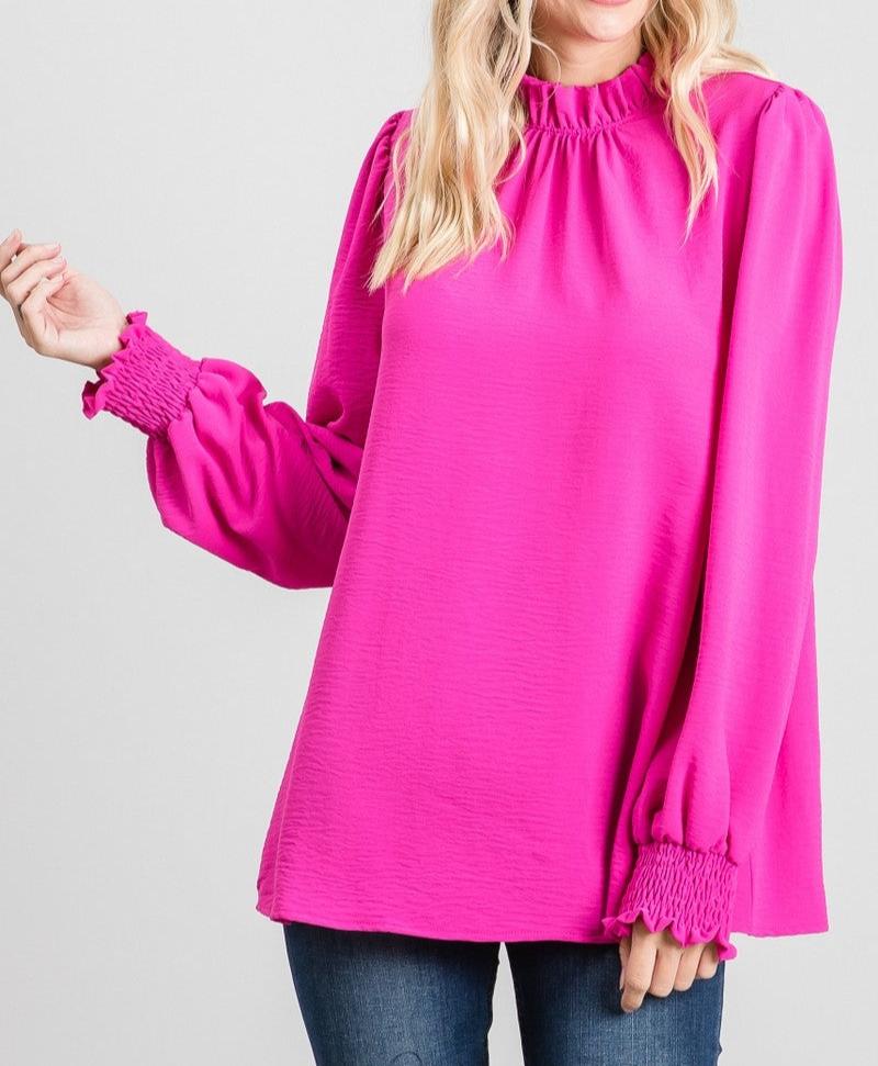 Womens Jodifl Hot Pink Solid Frill Mockneck Top