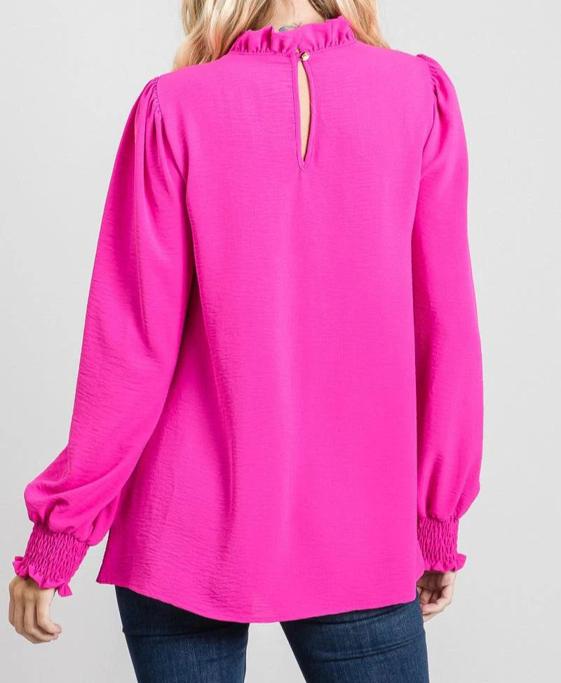 Womens Jodifl Hot Pink Solid Frill Mockneck Top