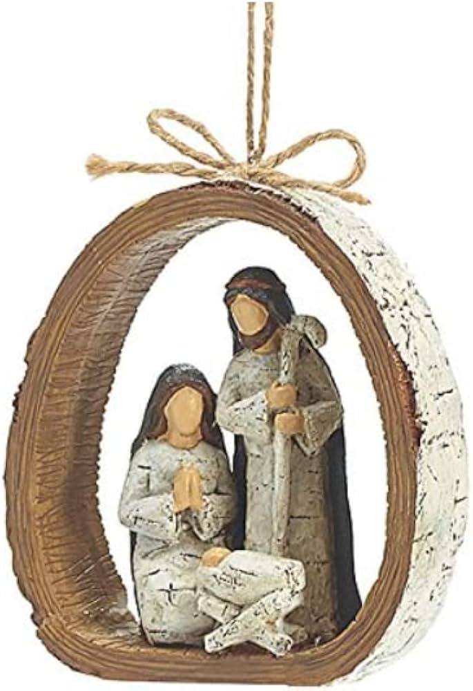 Ornament Holy Family Inside Birch Bark Circle Resin