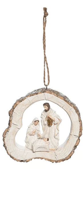 Ornament White Holy Family Inside Log Slice Resin