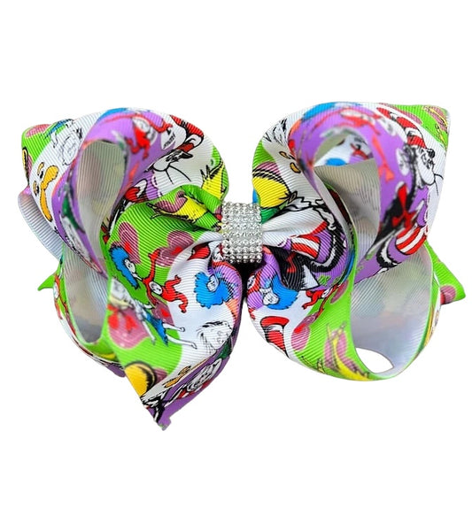 7.5" Purple, White, Green Dr. Seuss Printed Double Layer Hair Bow With Rhinestone