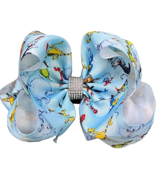 7.5" Dr. Seuss Character Printed Double Layer Hair Bow With Rhinestone