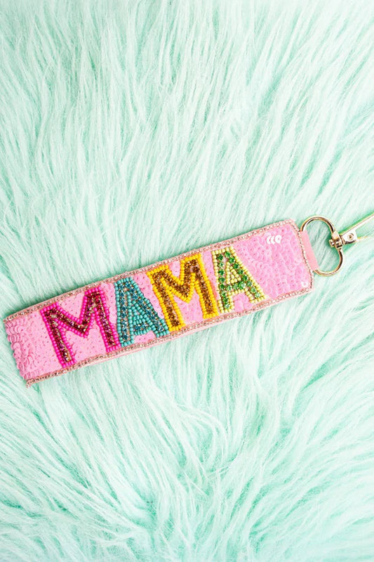 Viola Rhinestone 'Mama' Pink Sequin Wristlet Keychain