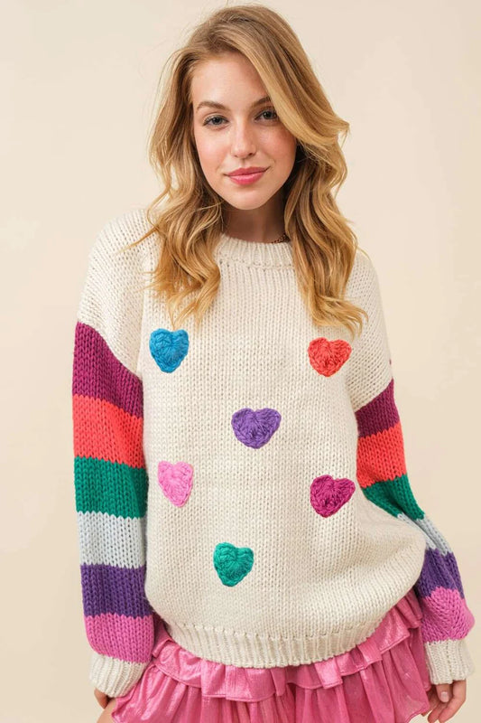 Womens Ivory Multi 3D Heart Crochet Multi Stripe Contrast Sweater