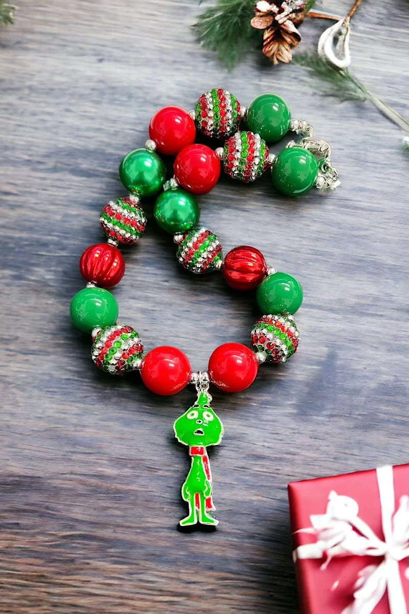 Red Green Bubble Necklace With Grinch Pendant