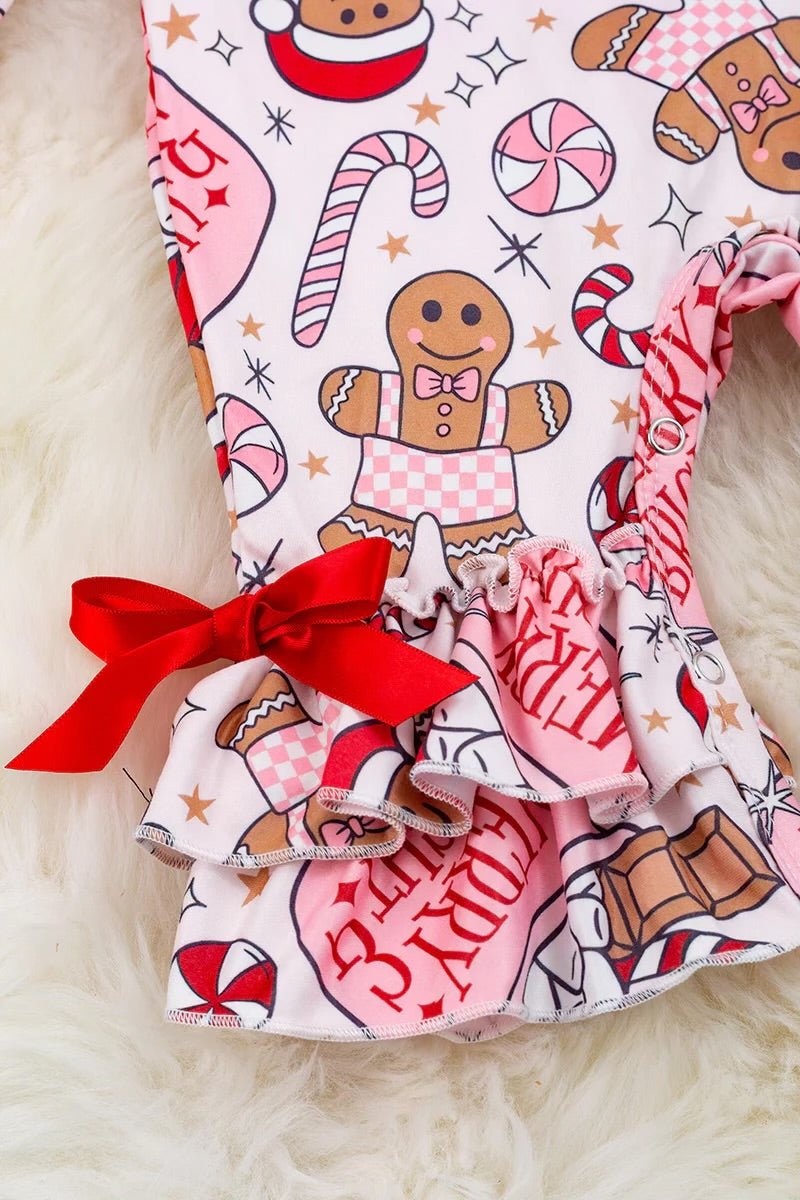 Girls Merry Bright Ginger Cookie, Candy Cane & Hot Cocoa Printed Romper With Ruffles