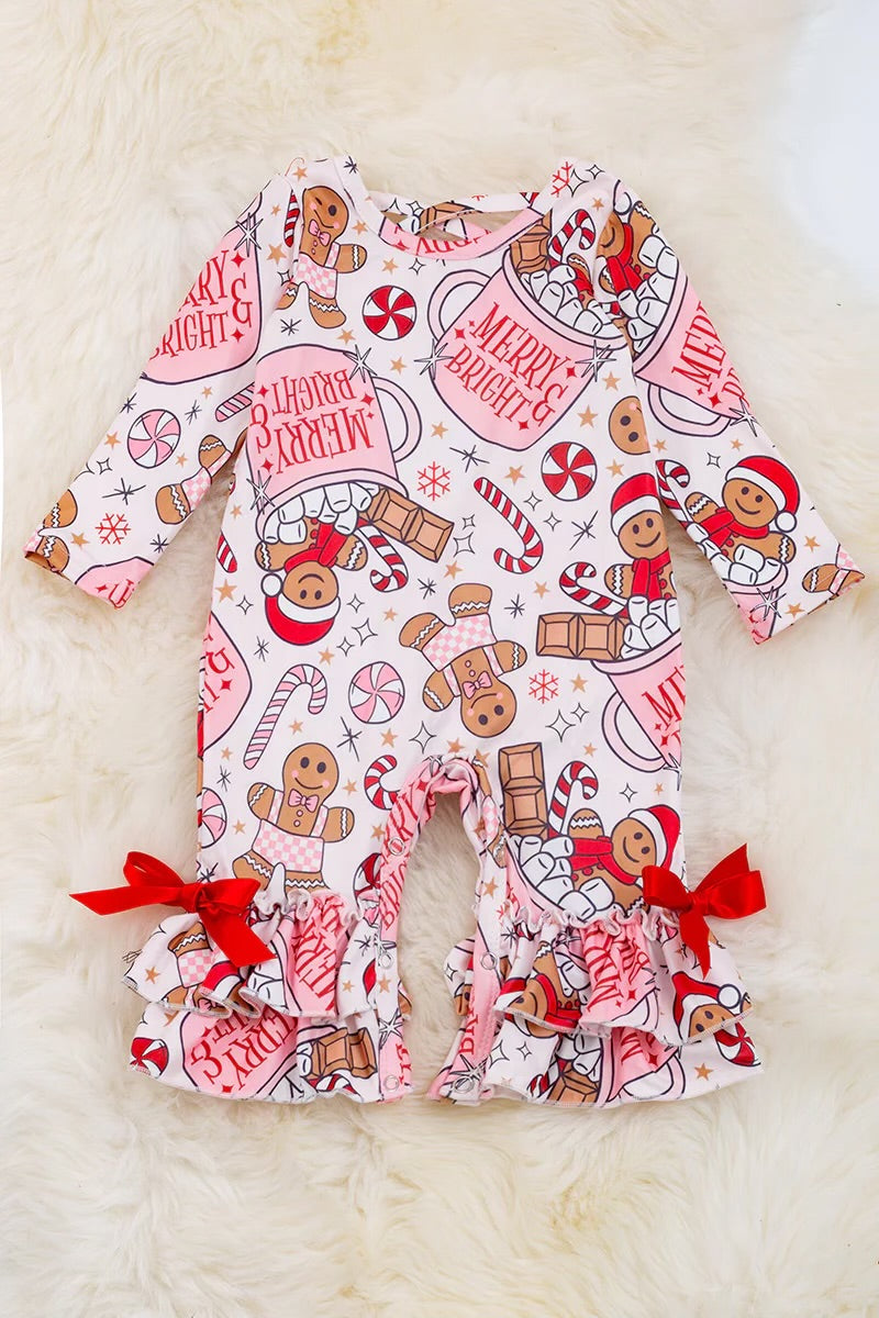 Girls Merry Bright Ginger Cookie, Candy Cane & Hot Cocoa Printed Romper With Ruffles