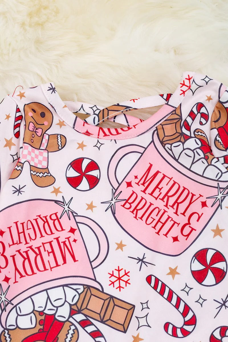 Girls Merry Bright Ginger Cookie, Candy Cane & Hot Cocoa Printed Romper With Ruffles