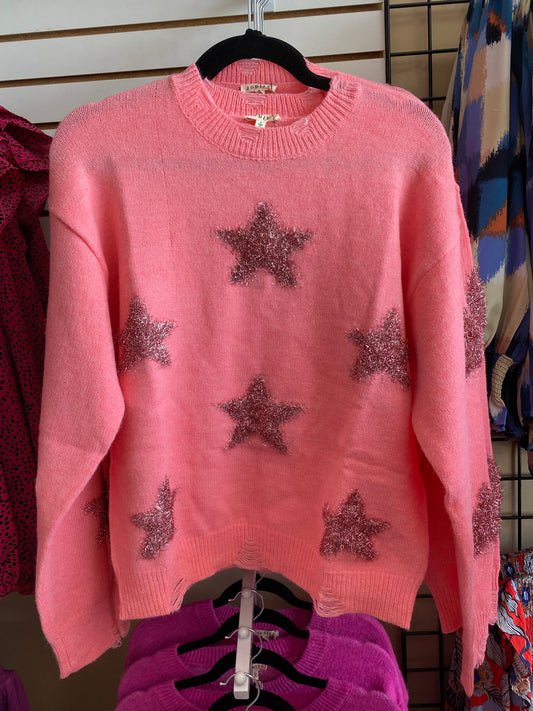 Womens Jodifl Candy Pink Star Textured Knit Pullover