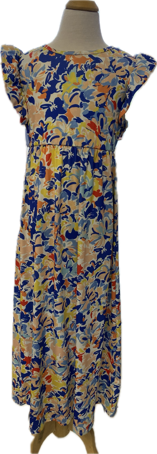 Girls GTOG Royal Blue/Peach/Turquoise Flower Print Ruffle Maxi Dress