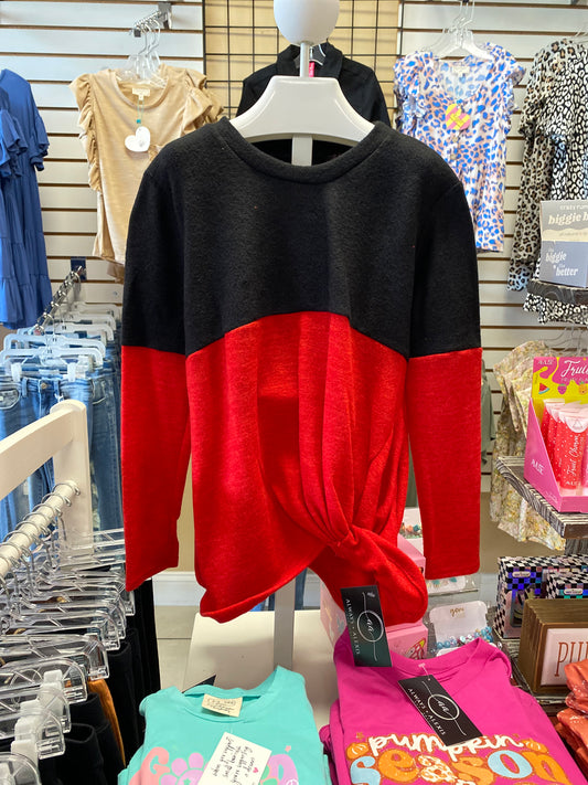 Girls GTOG Black/Red Color Block Sweater Featuring Side Knot