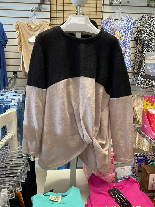 Girls GTOG Black/Taupe Color Block Sweater Featuring Side Knot