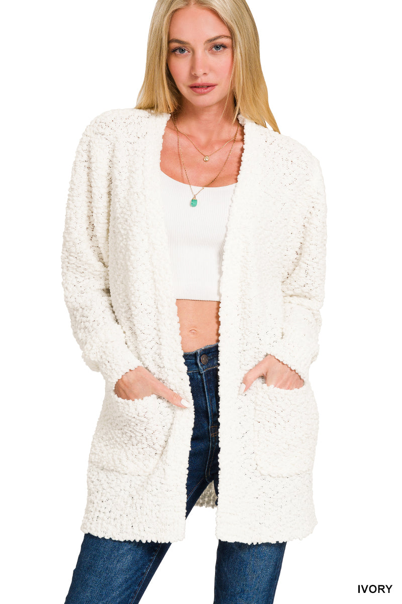 Zenana Womens Ivory Long Sleeve Popcorn Sweater Cardigan with Pockets