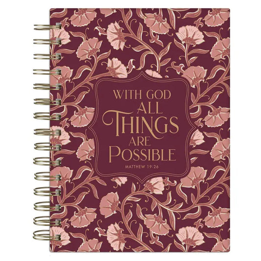 Journal Spiral-Bound Pink Floral with God Matt. 19:26