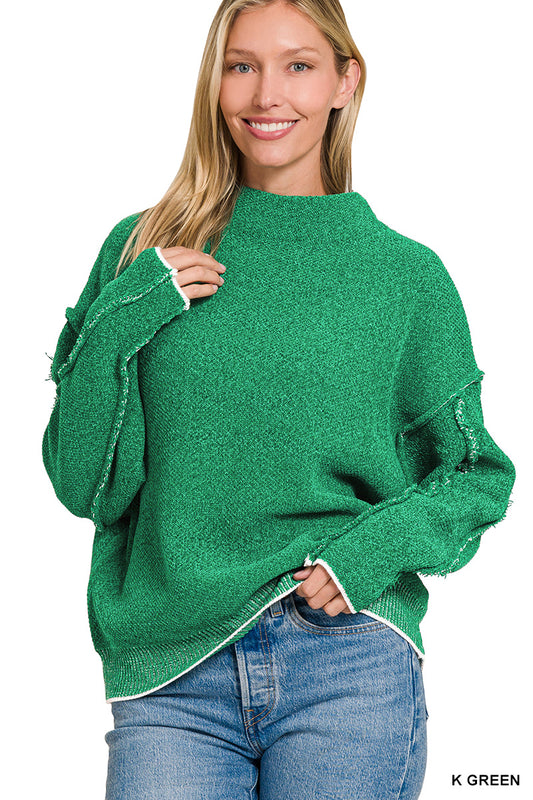 Womens Zenana Kelly Green Oversized Mock Neck Raw Seam Chenille Sweater