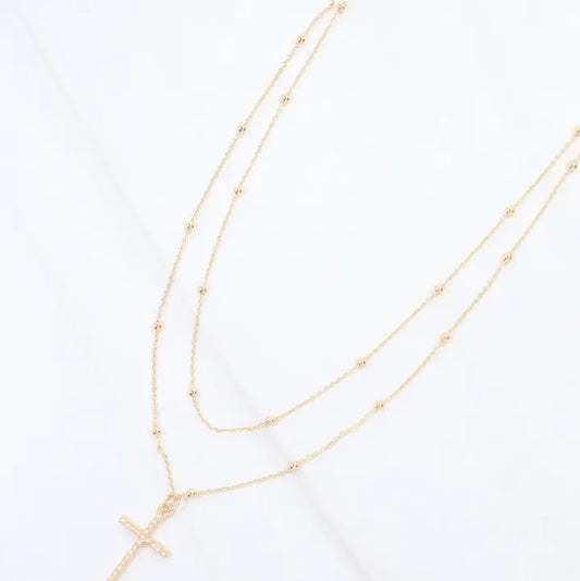 Caroline Hill Kyla Pearl Cross Layered Necklace Wr Gold