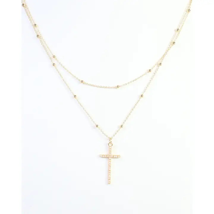 Caroline Hill Kyla Pearl Cross Layered Necklace Wr Gold
