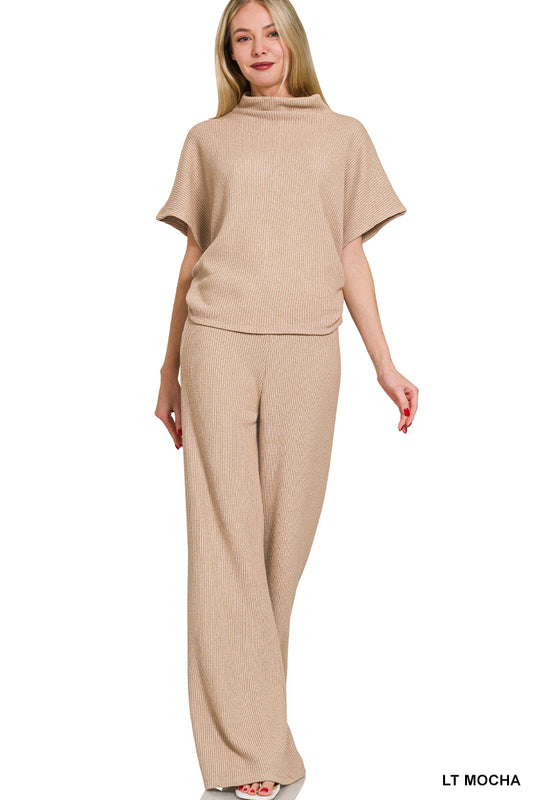 Womens Zenana Lt Mocha Sweater Mock Neck Short Sleeve Top & Long Pants Set