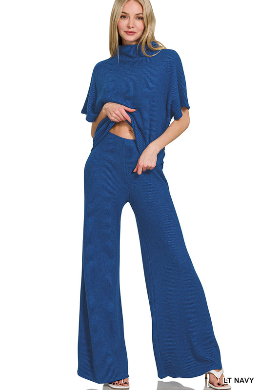 Womens Zenana Lt Navy Sweater Mock Neck Short Sleeve Top & Long Pants Set