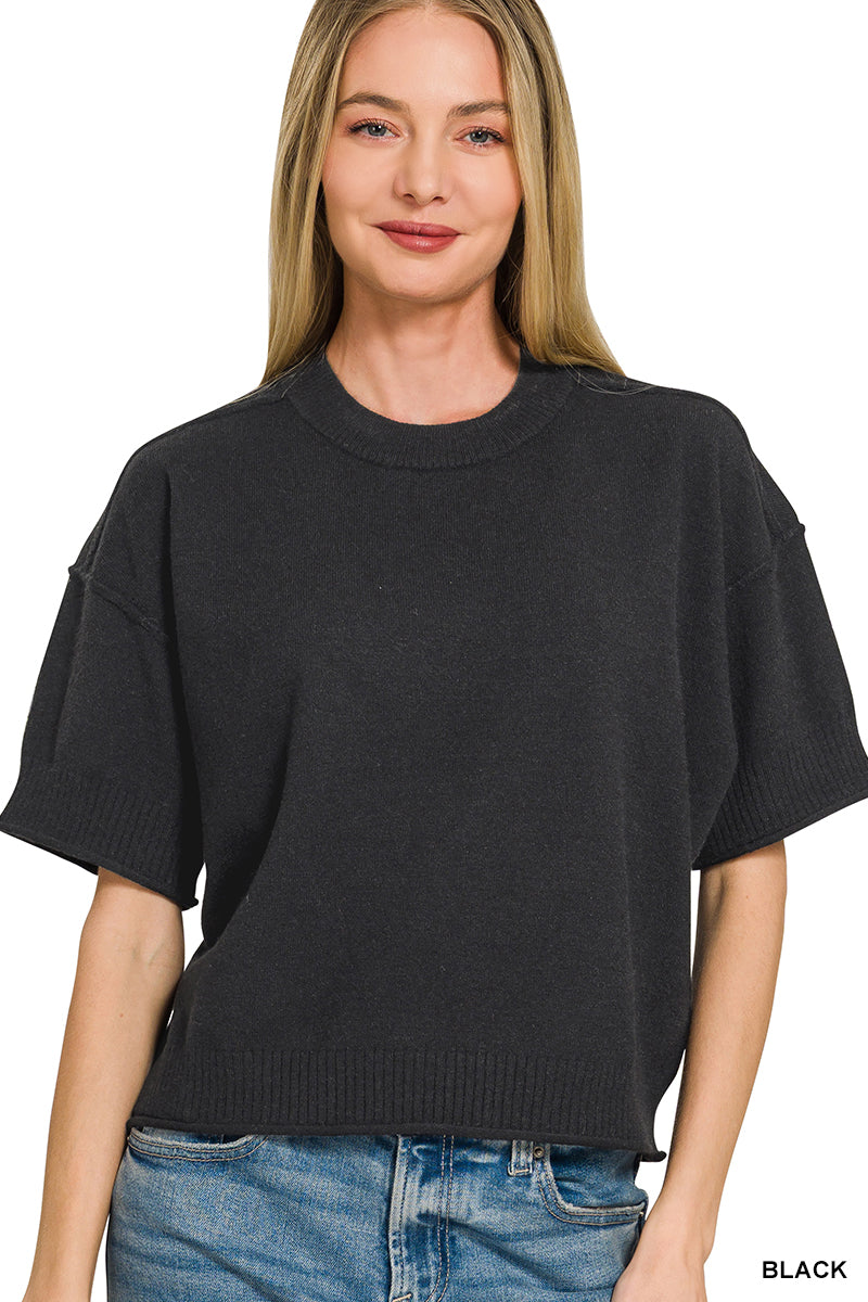 Womens Zenana Black Light Weight Exposed Seam Short Sleeve Crop Sweater