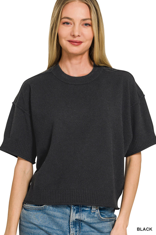 Womens Zenana Black Light Weight Exposed Seam Short Sleeve Crop Sweater