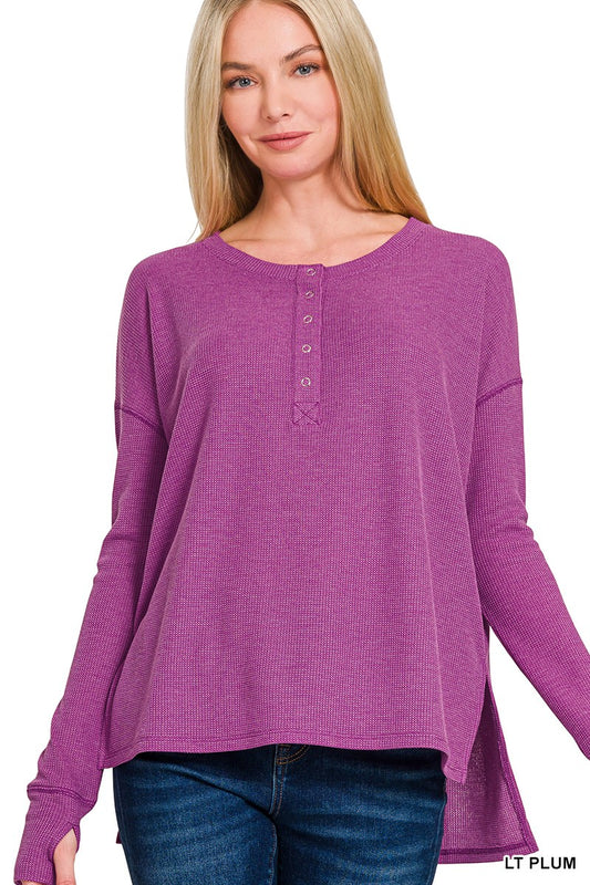 Womens Zenana Light Plum Waffle Thumb Hole Cuffs Henley Tee