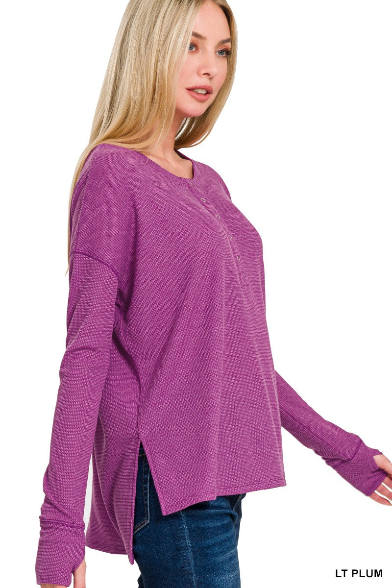 Womens Zenana Light Plum Waffle Thumb Hole Cuffs Henley Tee