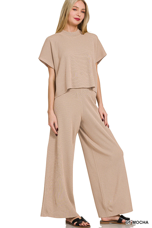 Womens Zenana Lt Mocha Viscose Sweater Short Sleeve Top & Pants 2pc Set