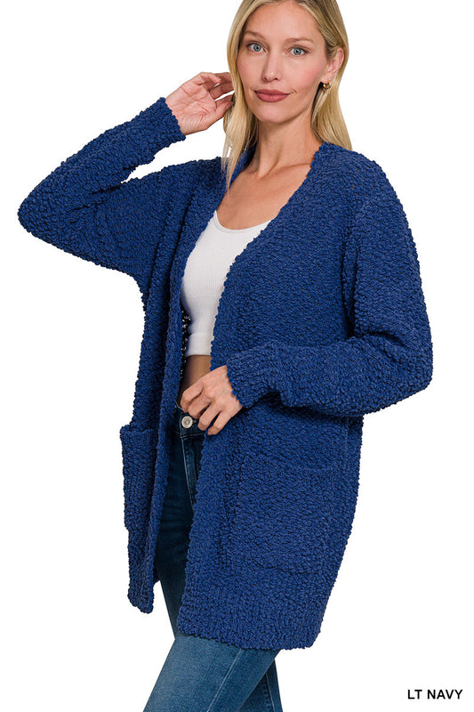Zenana Womens Lt Navy Long Sleeve Popcorn Sweater Cardigan with Pockets