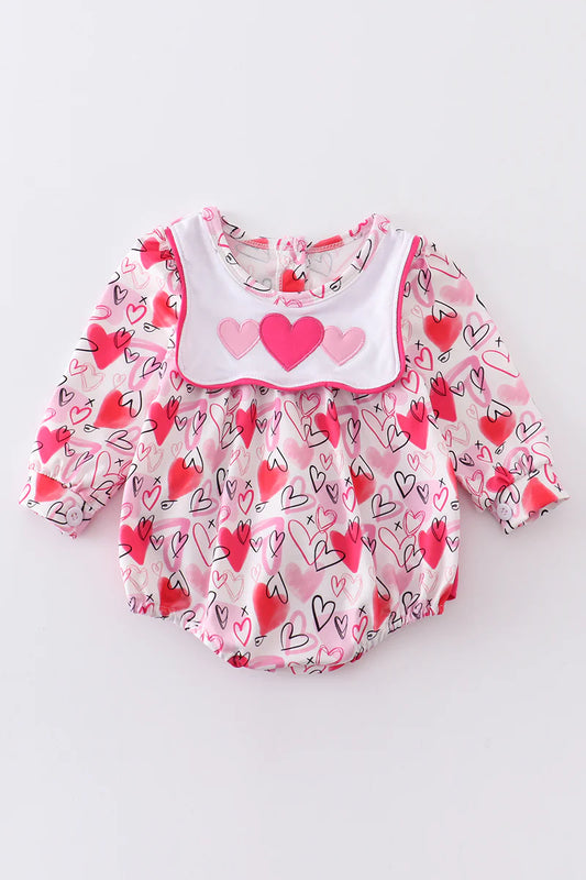 Girls Pink Valentine's Day Heart Embroidery Bubble