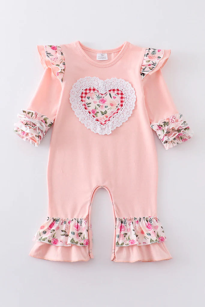 Girls Pink Valentine's Day Heart Applique Floral Romper