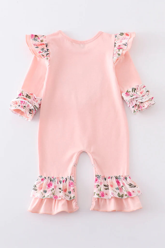 Girls Pink Valentine's Day Heart Applique Floral Romper