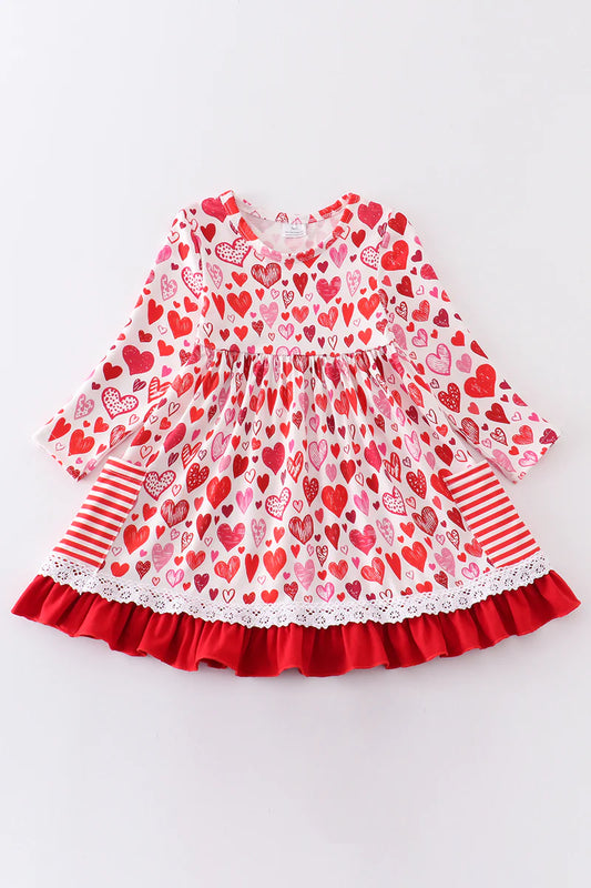 Girls Red Heart Print Valentine's Day Dress